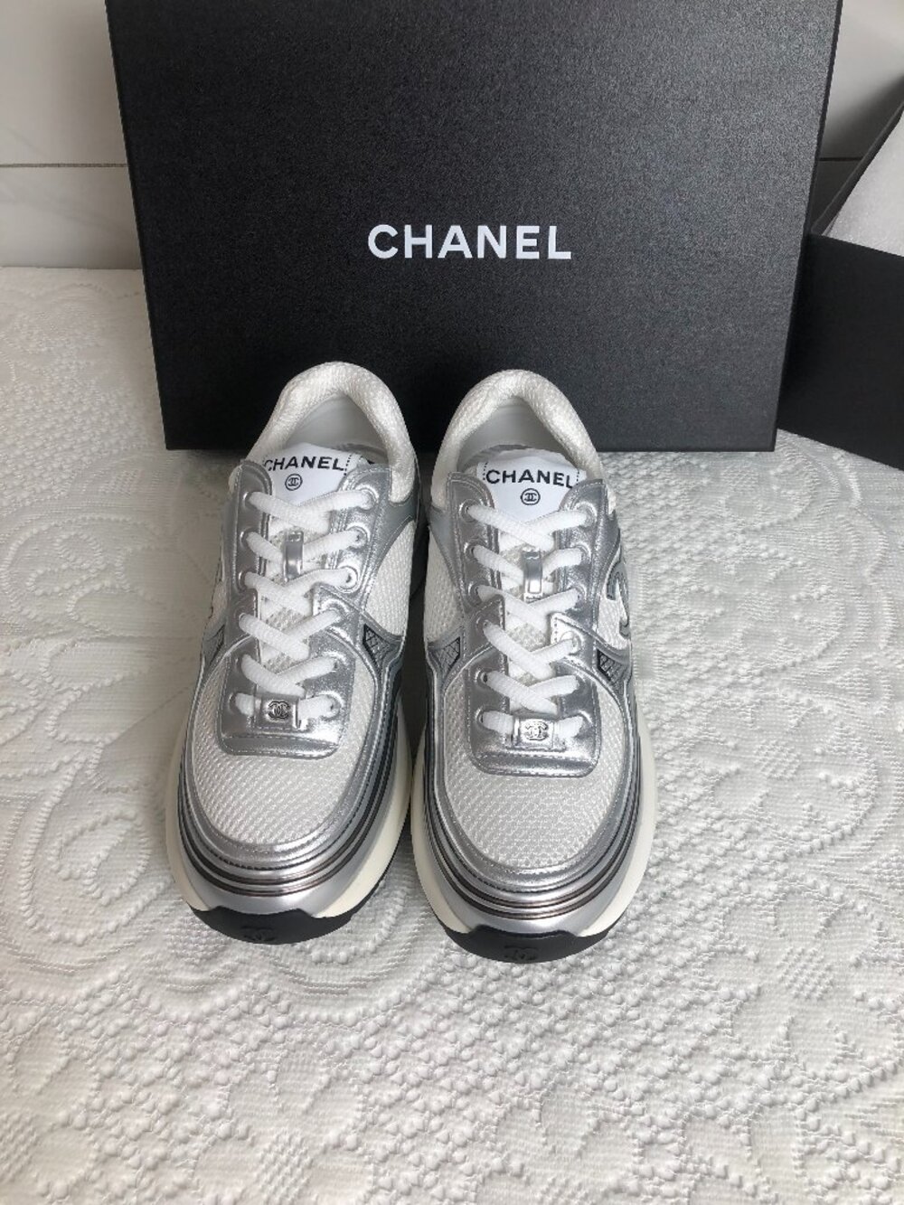 Chanel Silver Metallic Mesh Sneakers with Iconic CC Logo and Chunky Sole Design